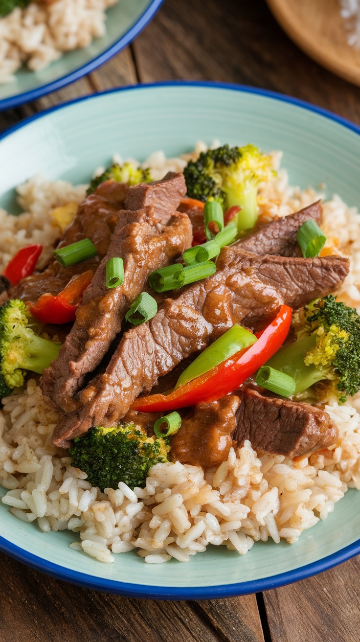 Crockpot Mongolian Beef with vegetables served over brown rice, garnished with green onions.